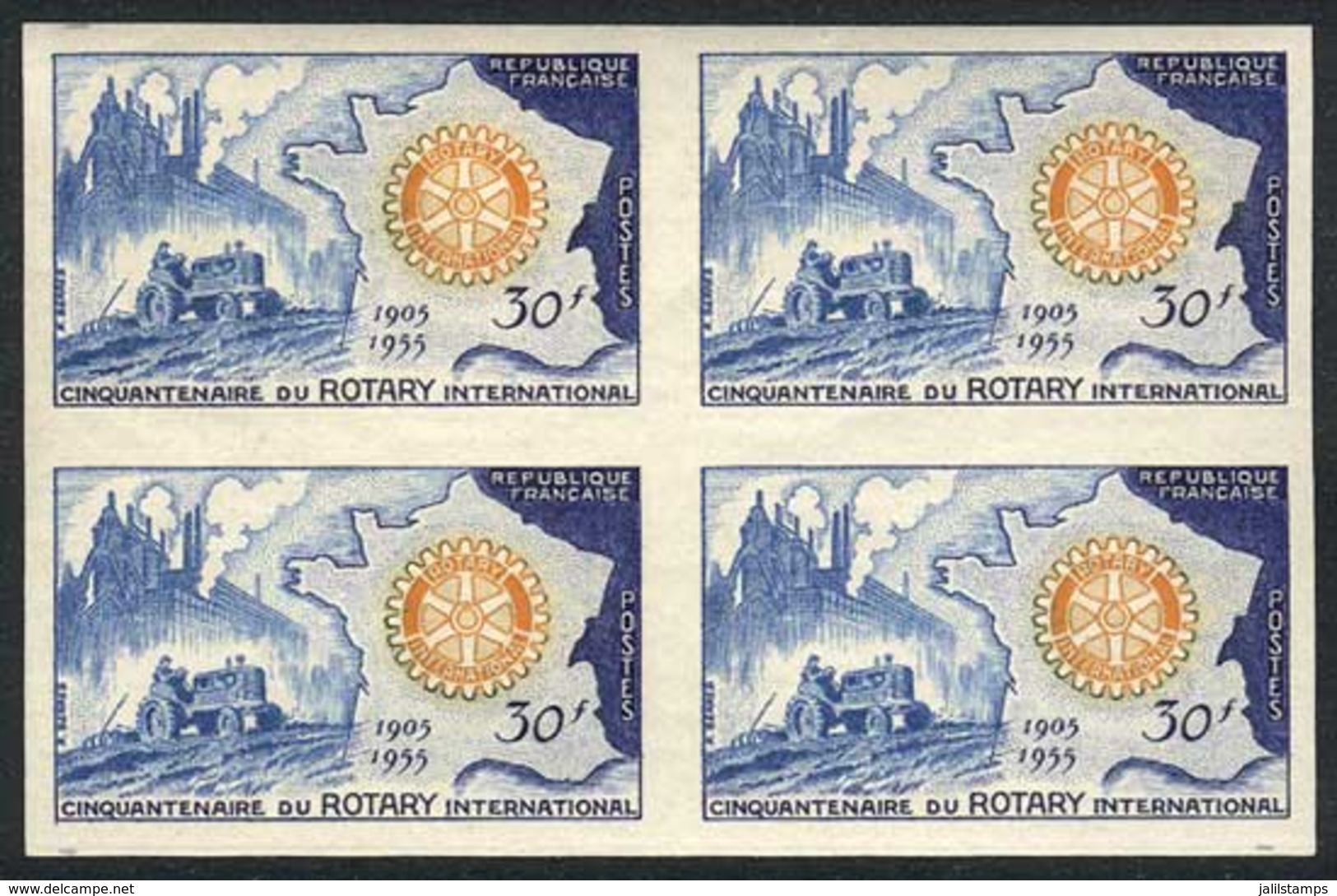 FRANCE: Yv.1009a, 1955 Rotary 50 Years, IMPERFORATE Block Of 4, Superb, Catalog Value Euros 500. - Sonstige & Ohne Zuordnung