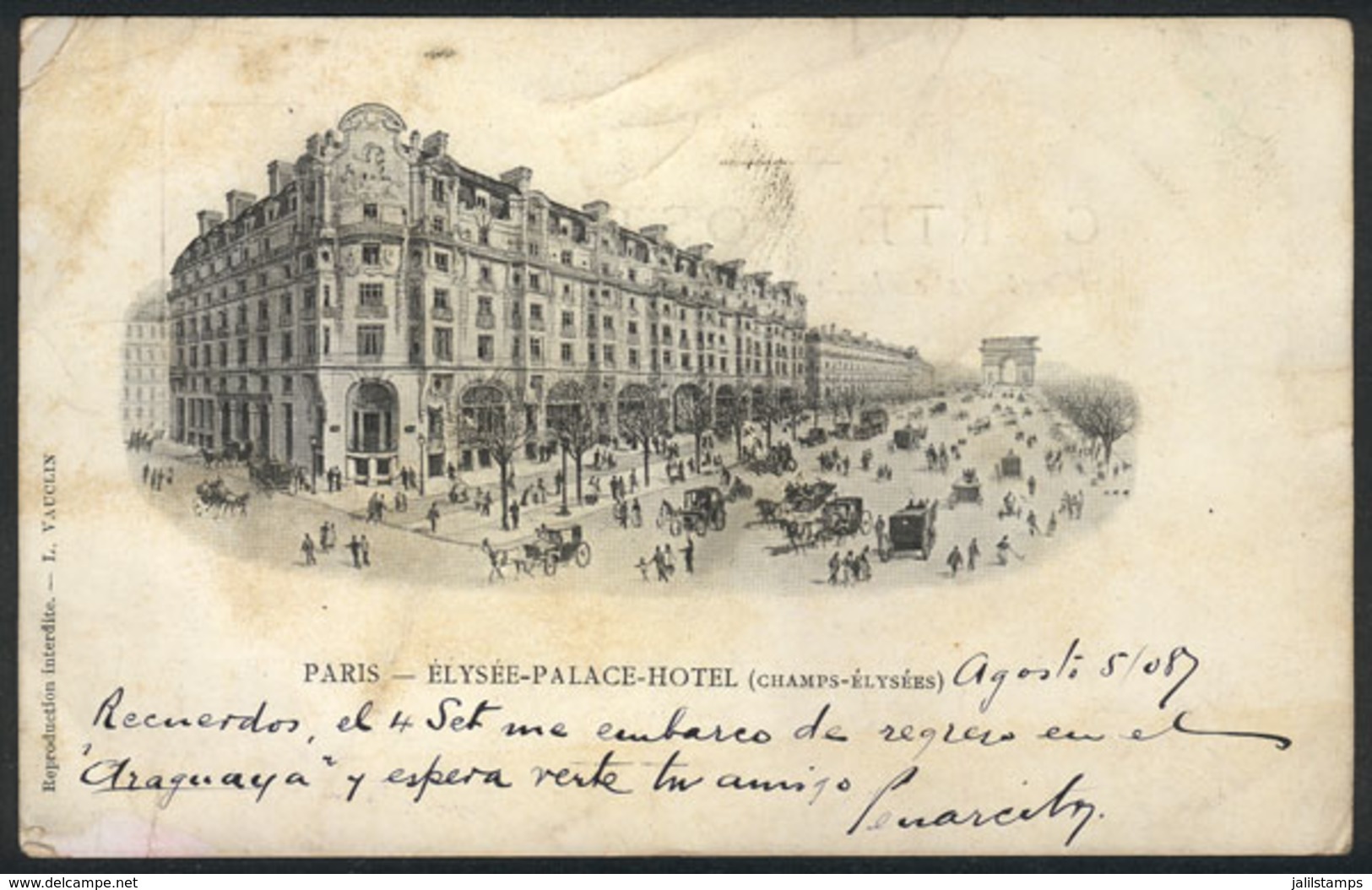 FRANCE: Paris: Elysée-Palace-Hotel, Sent To Buenos Aires In 1908, Fine Quality! - Autres & Non Classés