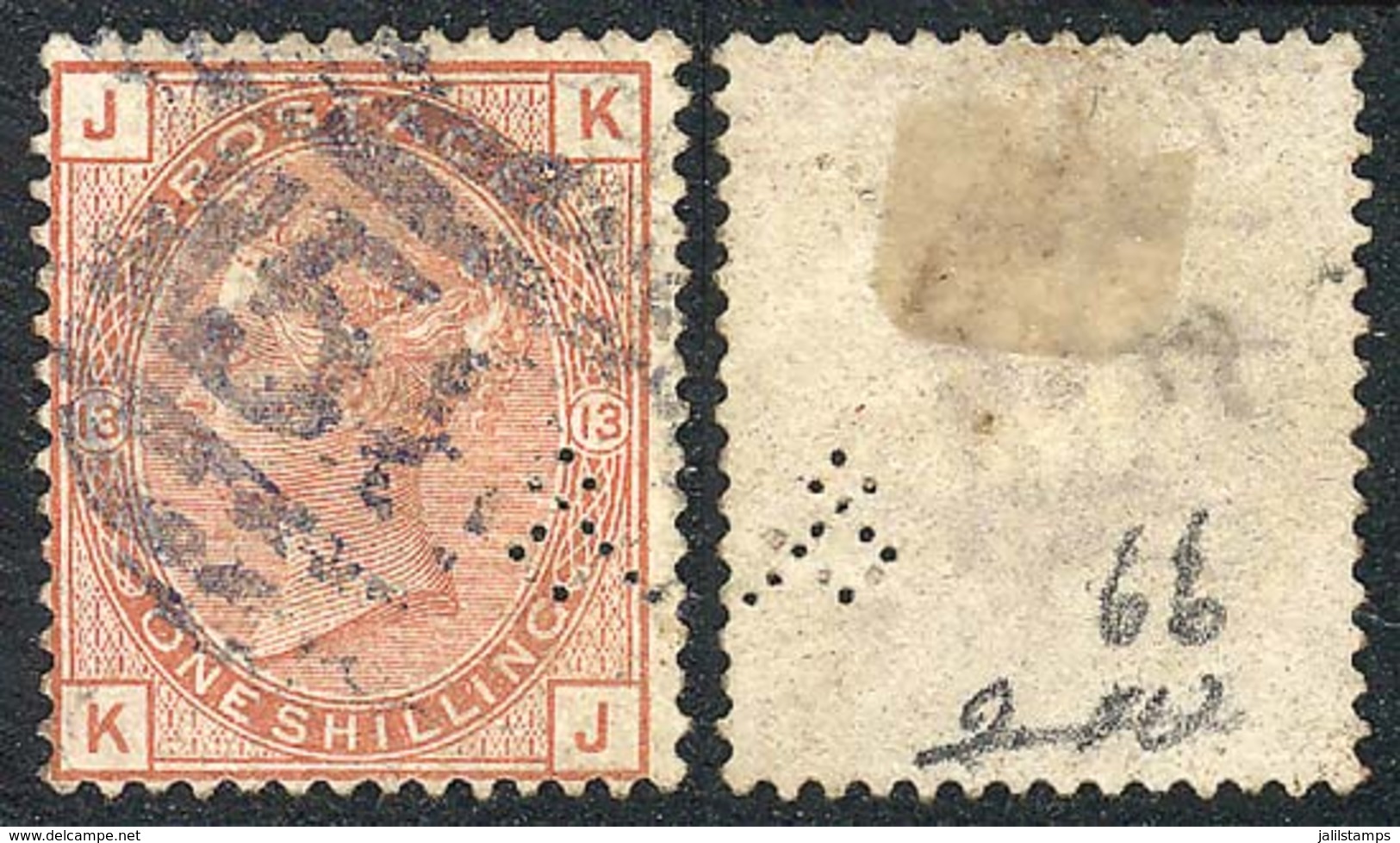 GREAT BRITAIN: Sc.65, 1873/80 1Sh. Salmon, With Small Perfin, Fine Quality, Catalog Value US$700. - Other & Unclassified