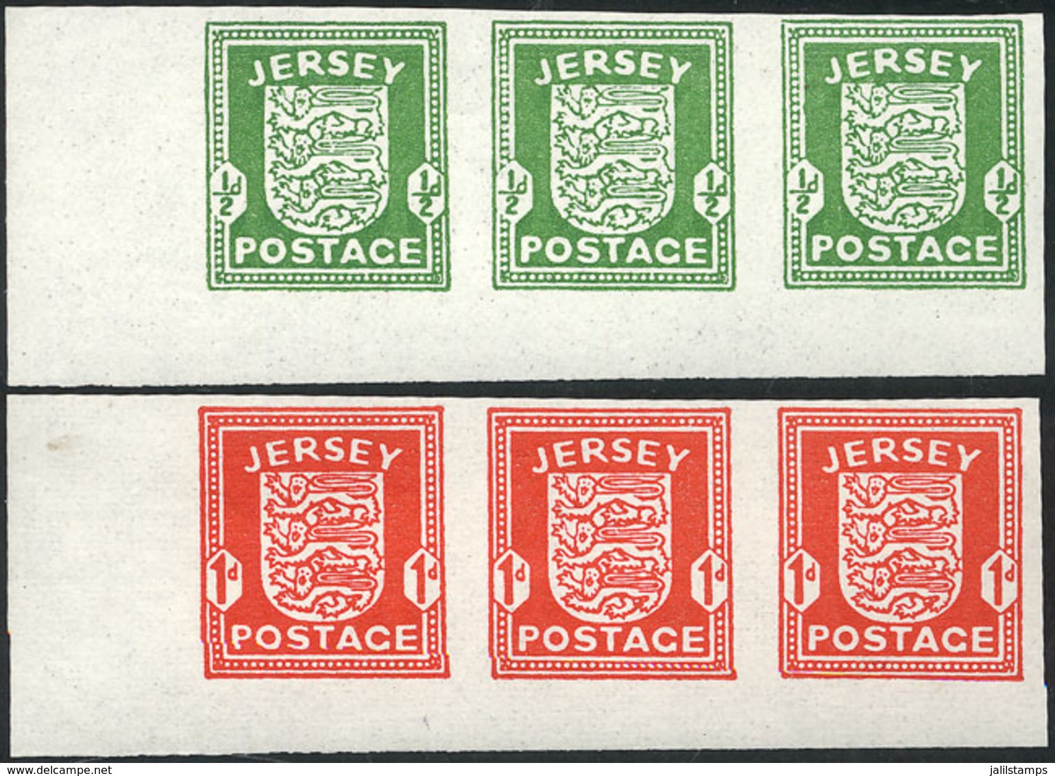 GREAT BRITAIN - JERSEY: Sc.N1a + N2a, 1941/2 The Set Of 2 Values In IMPERFORATE Strips Of 3, Both With Sheet Corner And  - Bezetting 1938-45