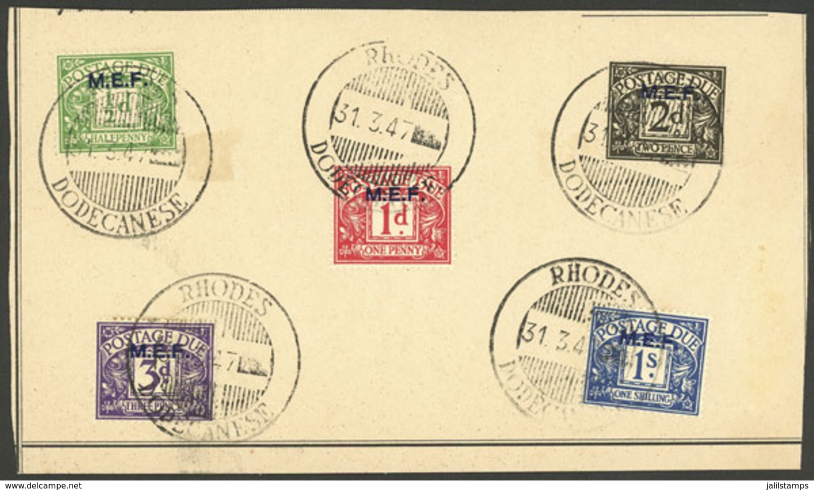 GREAT BRITAIN - M.E.F.: Sc.J1/J5, The Complete Set On A Card With Postmarks Of Rhodes 31/MAR/1947, The Last Day Of The B - Andere & Zonder Classificatie