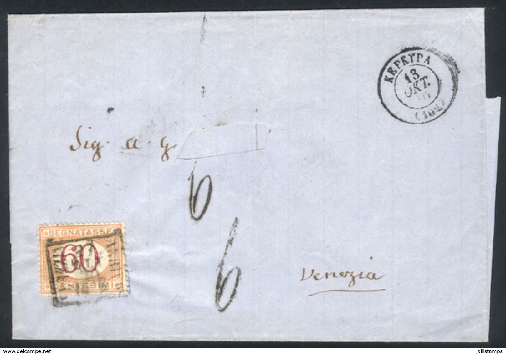 GREECE: 13/OC/1870 KEPKYPA - Venezia: Stampless Folded Cover, Double Circle Datestamp Of Origin, 6 Postage Due Handstamp - Other & Unclassified