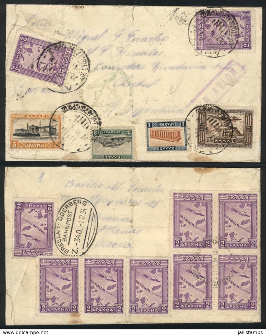 GREECE: Cover Sent To Argentina Via ZEPPELIN On 1/DE/1934, With Very Attractive Postage On Front And Back, Green Handsta - Sonstige & Ohne Zuordnung