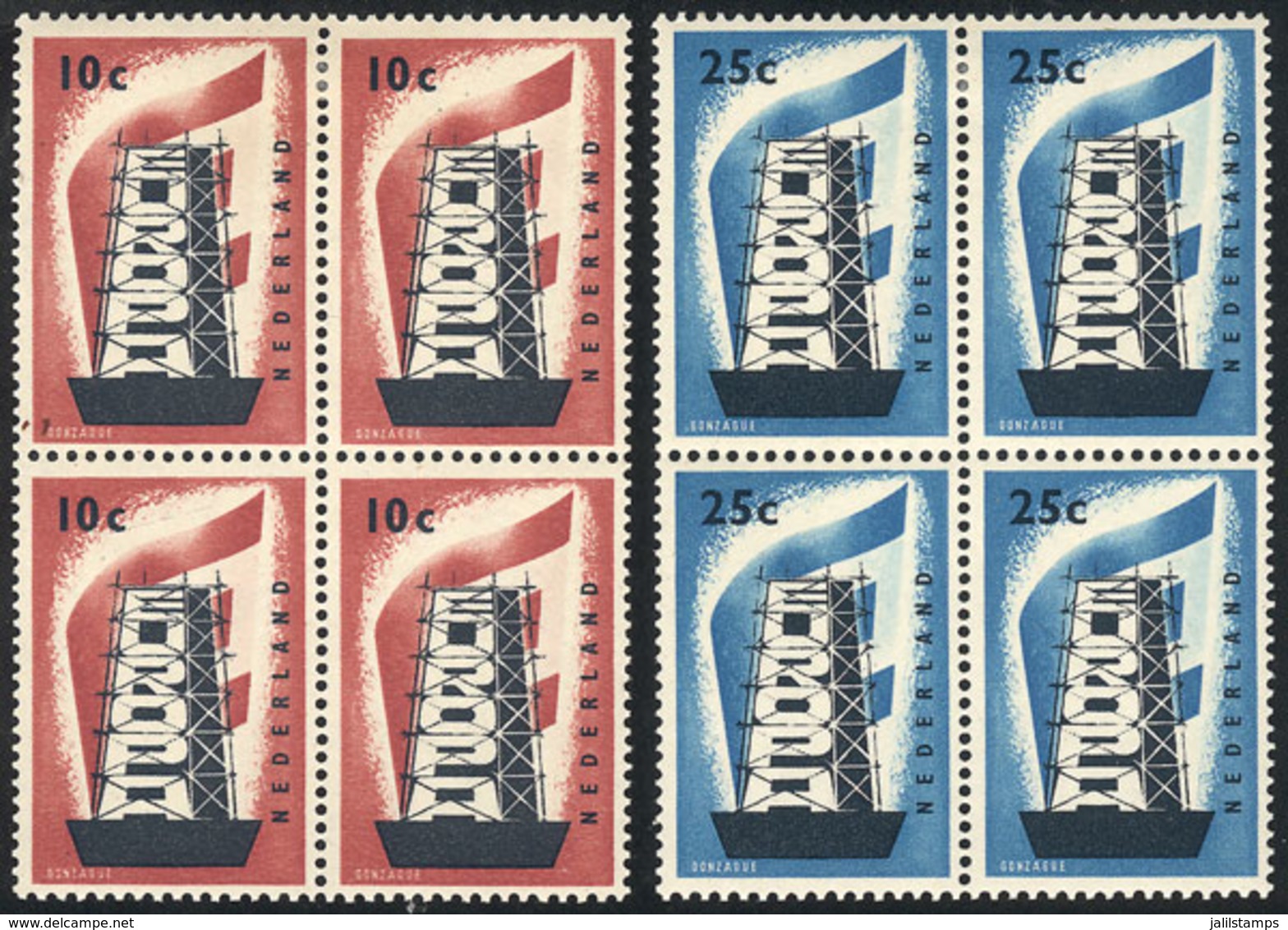 NETHERLANDS: Yvert 659/660, 1956 Topic Europa, Blocks Of 4, VF Quality (in Each Block, 3 Lightly Hinged And 1 MNH), Cata - Autres & Non Classés