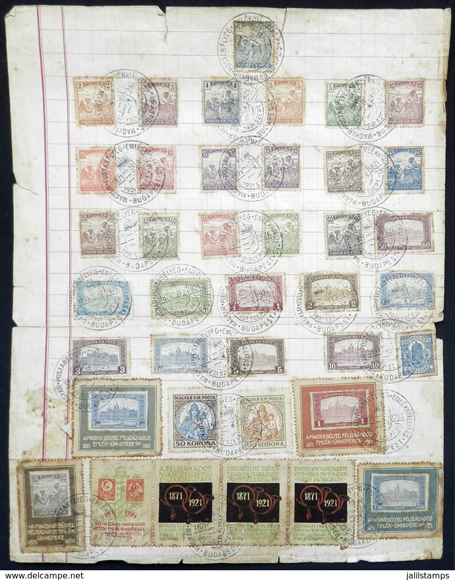 HUNGARY: Interesting Page With Many Stamps And Cinderellas, With Special Postmark Of The Year 1921, Stained By Interesti - Autres & Non Classés