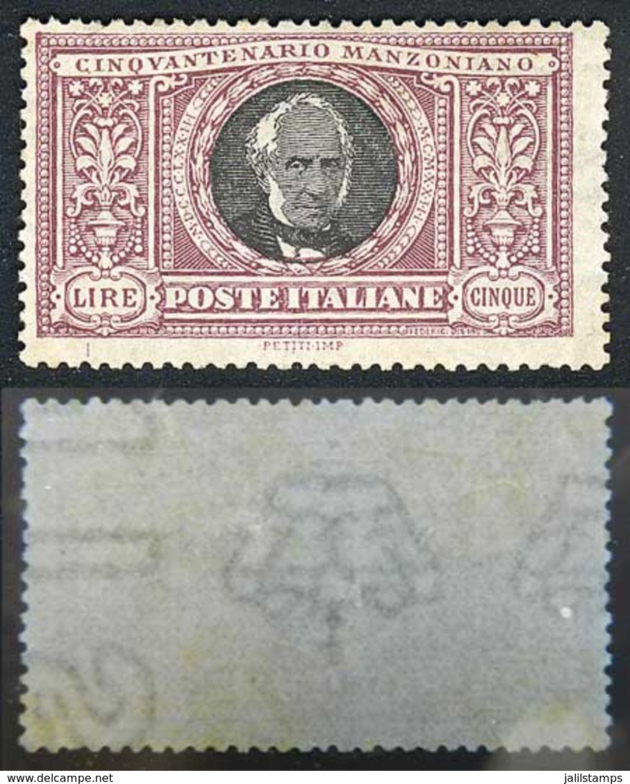 ITALY: Sc.170 (Sassone 156), 1923 Manzoni 5L. Mint Original Gum, With Very Notable LETTERS WATERMARK, Very Handsome And  - Zonder Classificatie