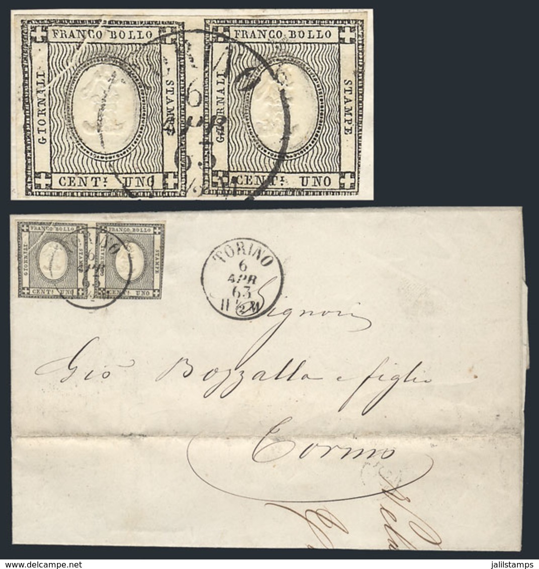 ITALY: Printed Letter Used In Torino On 6/AP/1863, Franked With Pair Of Sardinia Stamps Sassone 19, One With Diagonal FO - Unclassified