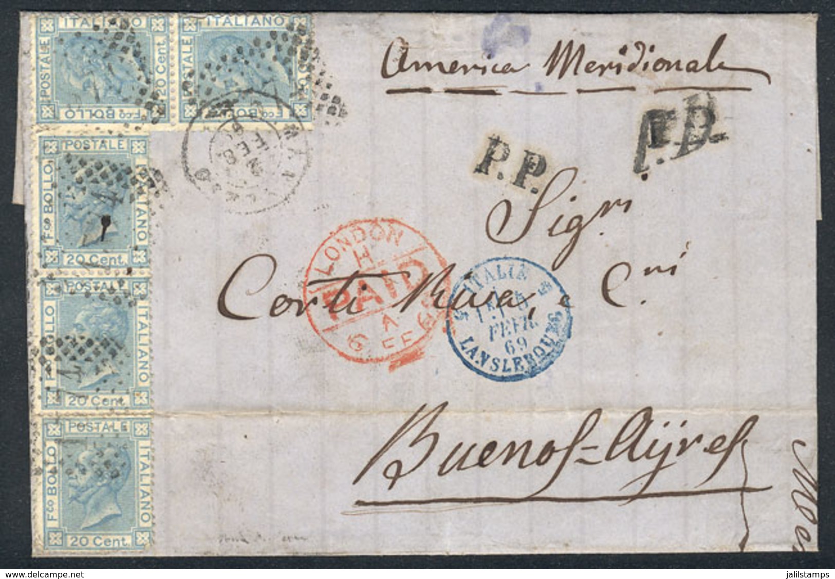 ITALY: 2/FE/1869 MENAGGIO - Argentina: Folded Cover Franked By Sc.35 (Sa.26)x5 With Numeral Cancel, Sent By English Mail - Zonder Classificatie