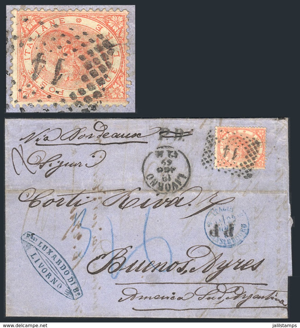 ITALY: 12/AU/1869 LIVORNO - Argentina: Folded Cover Franked By Sc.33 (Vittorio Emanuele 2L. Orange) ALONE, With Numeral  - Unclassified