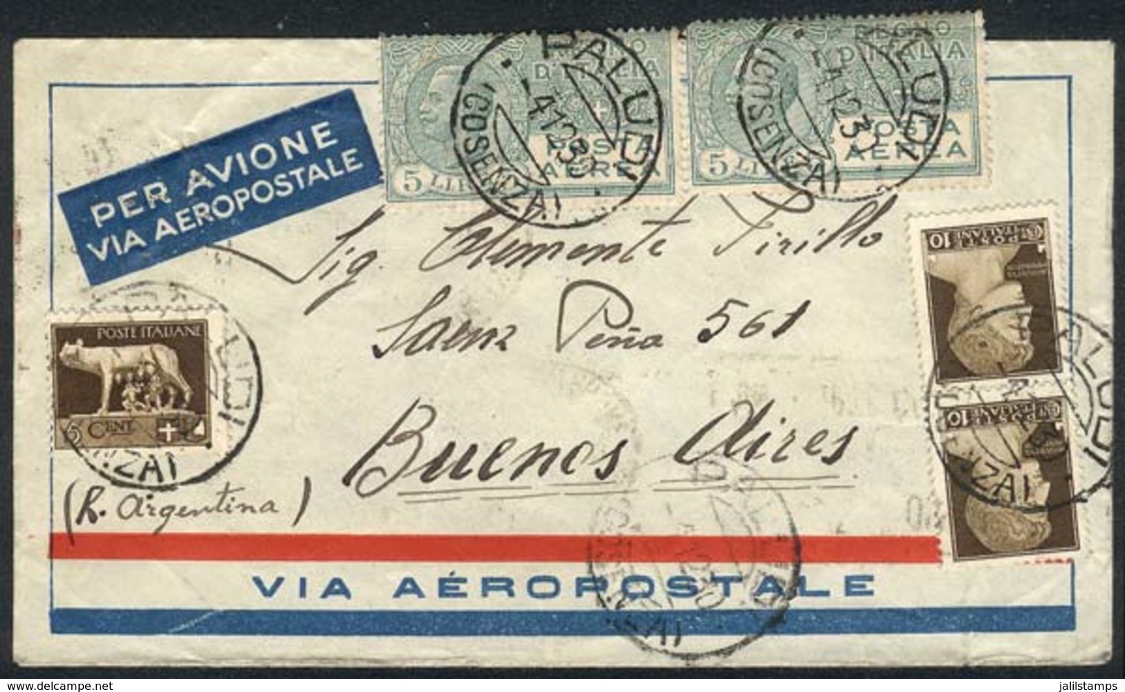 ITALY: Airmail Cover Sent (via France Aeropostale) From PALUDI To Argentina On 4/DE/1930 With Spectacular Postage Of 10. - Unclassified