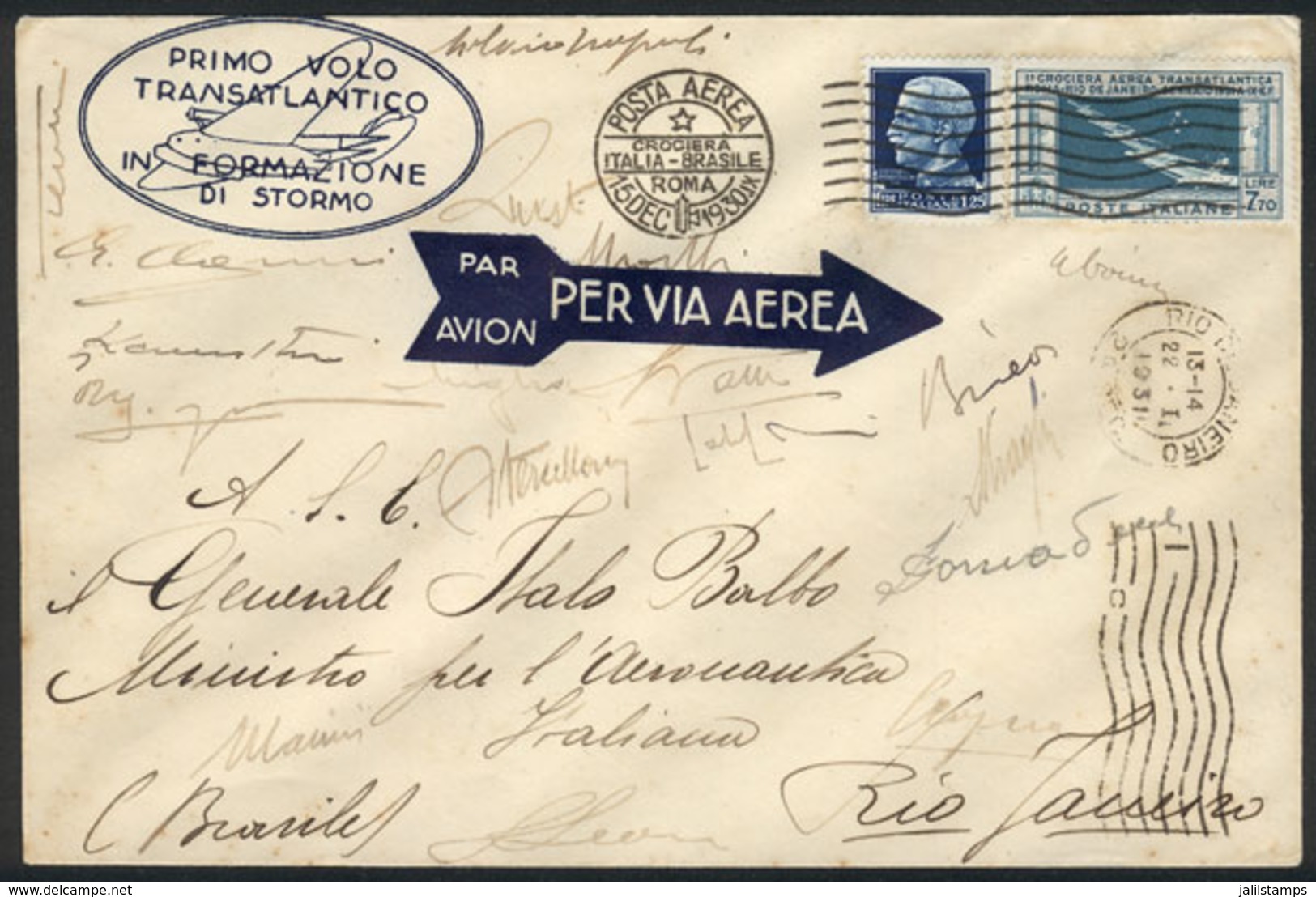 ITALY: 15/DE/1930 Roma-Rio De Janeiro Flight Of The Air Squadron Led By Italo Balbo, With Arrival Mark Of Rio And Signed - Unclassified