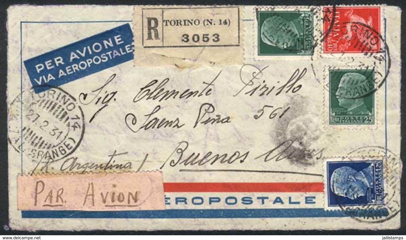ITALY: Front Of Registered Airmail Cover Sent (via France Aeropostale) From TORINO To Argentina On 27/FE/1931, Very Nice - Unclassified