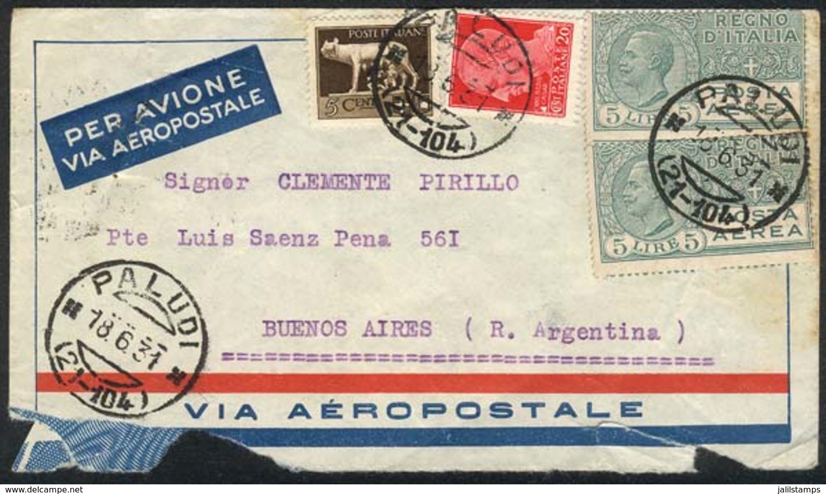 ITALY: Airmail Cover Sent From PALUDI To Argentina On 18/JUN/1931 Franked With 10.25L., Including Sc.C9 X2, With Opening - Zonder Classificatie