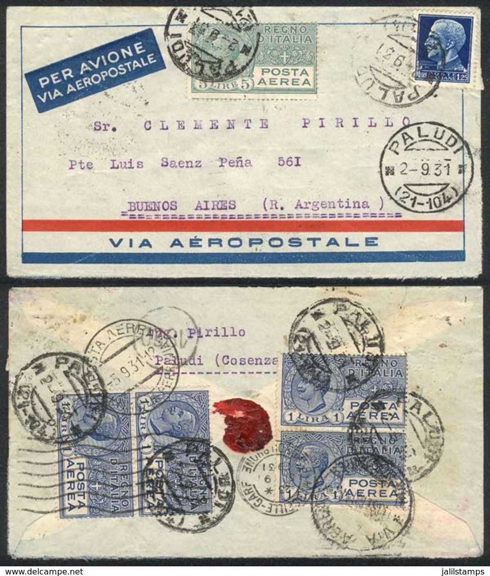 ITALY: Airmail Cover Sent (via France Aeropostale) From PALUDI To Argentina On 2/SE/1931 With Spectacular Postage Of 10. - Unclassified