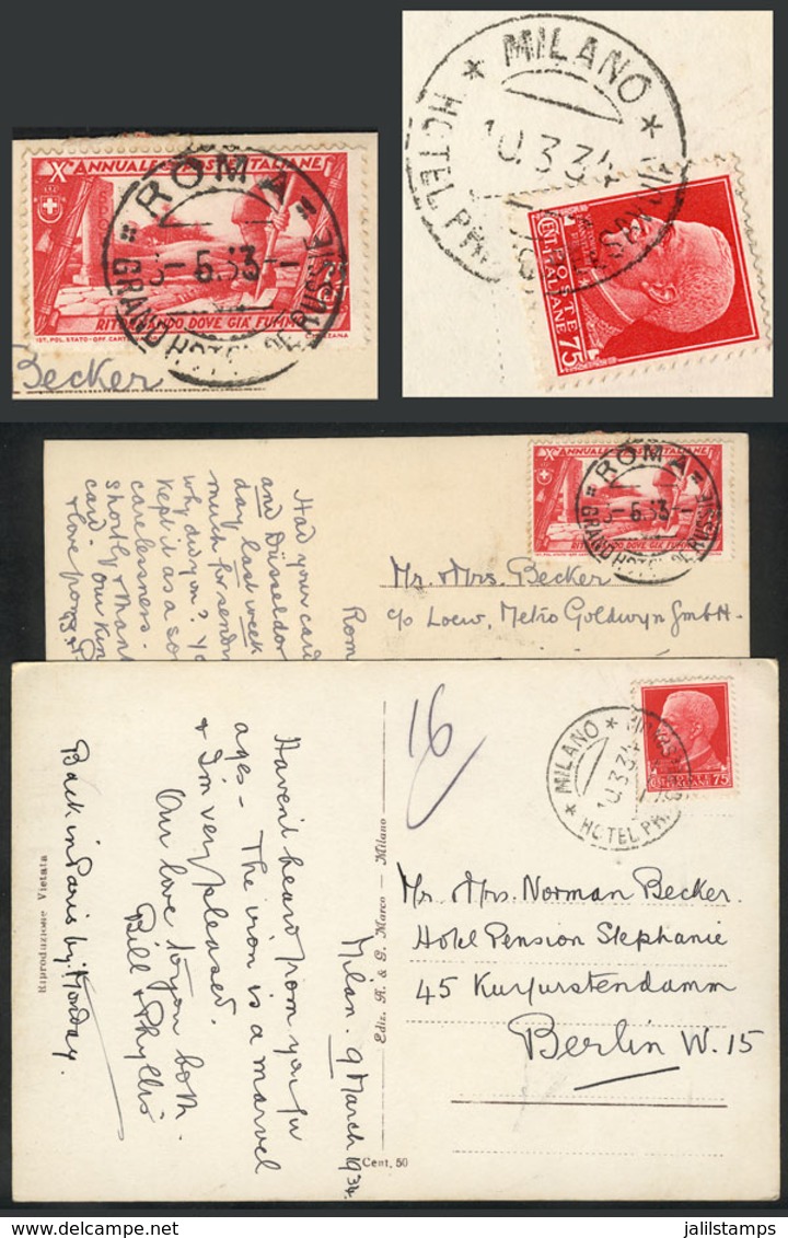 ITALY: 2 Postcards Sent To Germany In 1933 And 1934 With Hotel Postmarks: ROMA - GRAND HOTEL DE RUSSIE And MILANO - HOTE - Unclassified