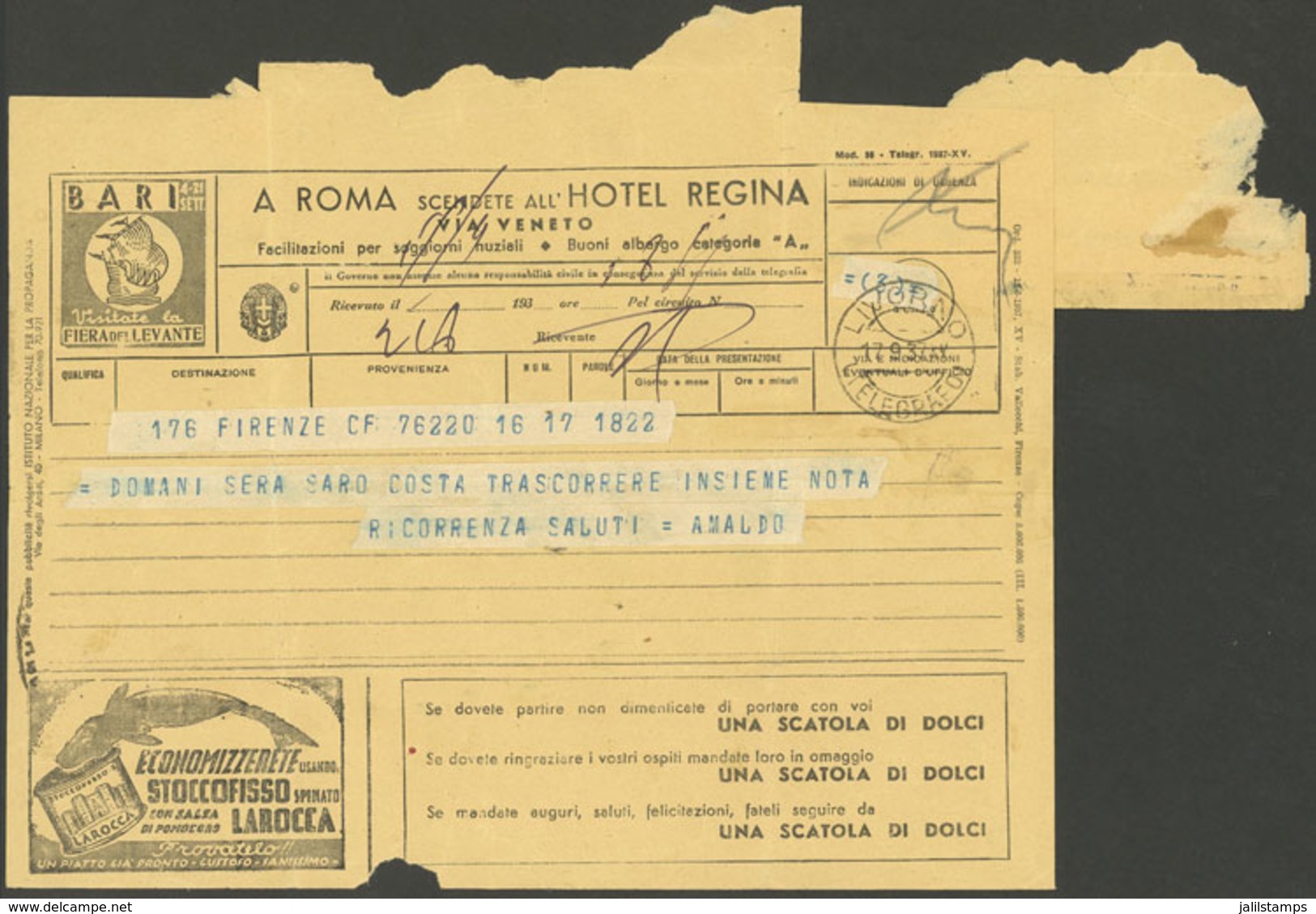 ITALY: Telegram Of 17/SE/1937 With Interesting Printed ADVERTISING: Hotel Regina In Roma, Canned Food, Fish, Birds, Bonb - Unclassified