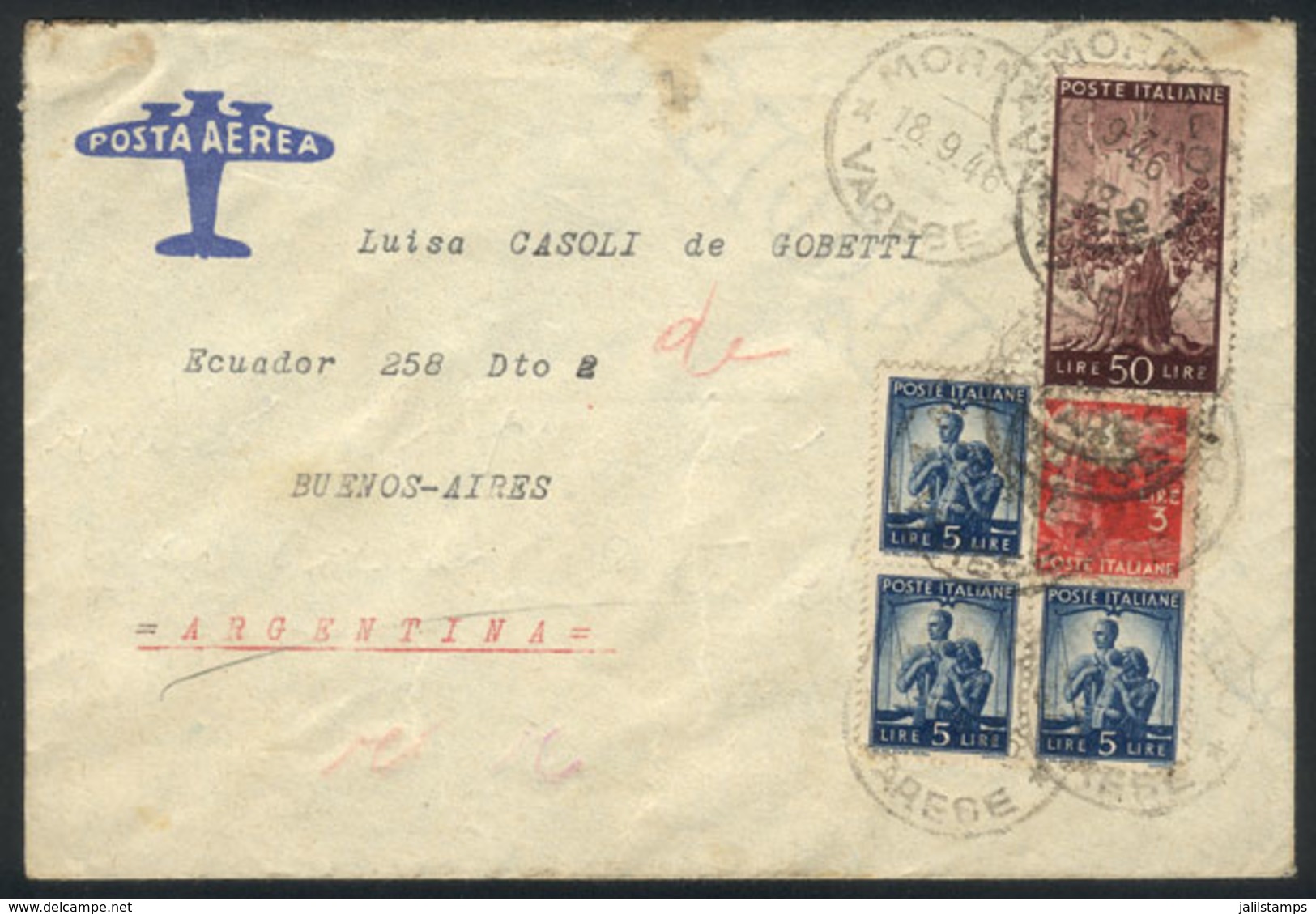 ITALY: 18/SEP/1946 VARESE - Argentina: Airmail Cover To Buenos Aires, Franked With 68 Lire, VF Quality! - Zonder Classificatie