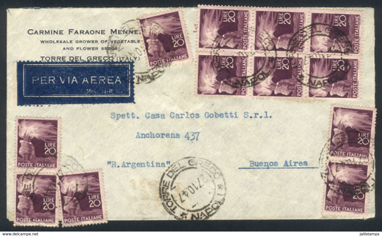 ITALY: 27/OC/1947 TORRE DEL GRECO - Argentina: Airmail Cover Franked With 240 Lire (20L. Democratica X12!!), Fantastic A - Non Classés