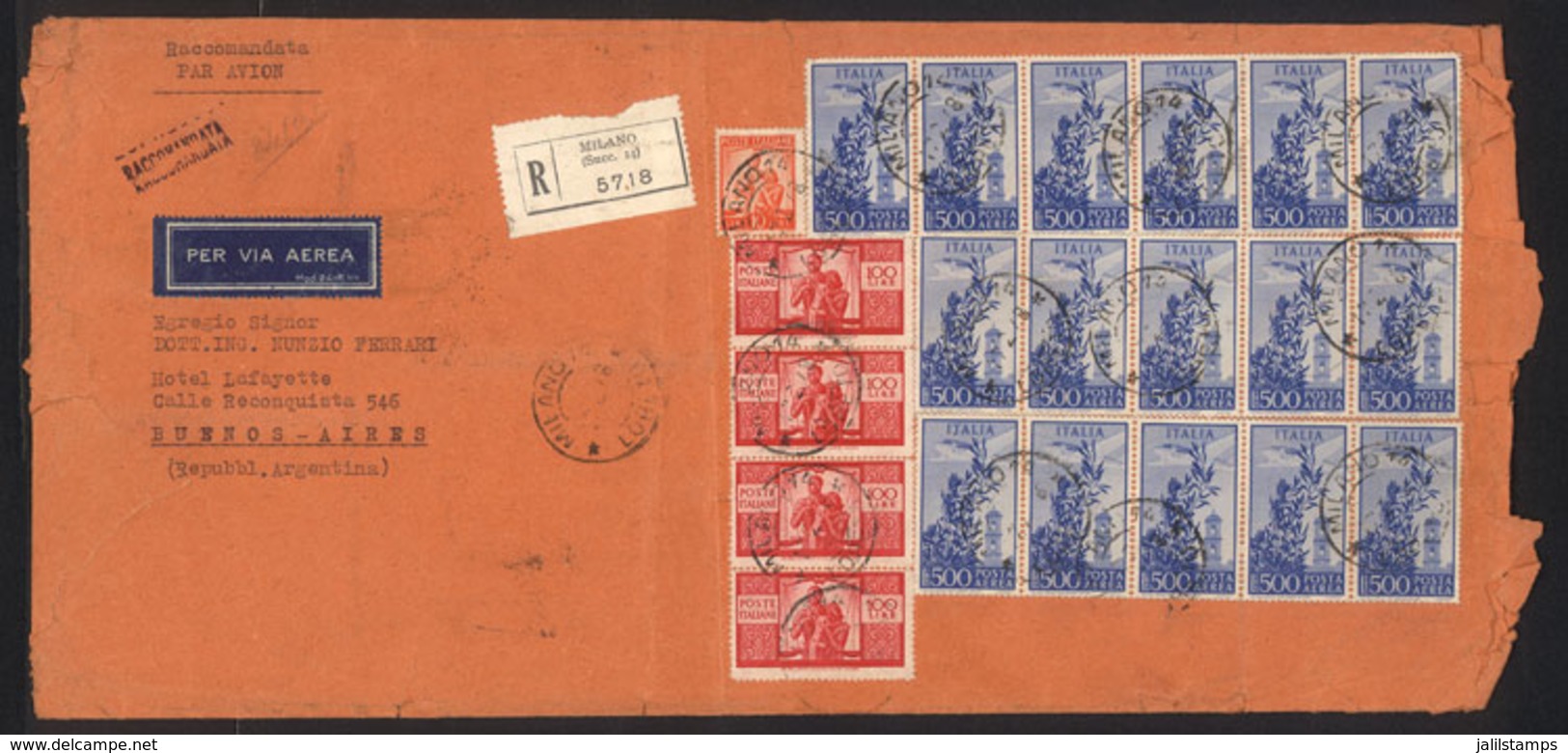 ITALY: Large Registered Airmail Cover Sent From Milano To Argentina On 17/FE/1948 With Spectacular Postage Of 8,410 Lire - Unclassified