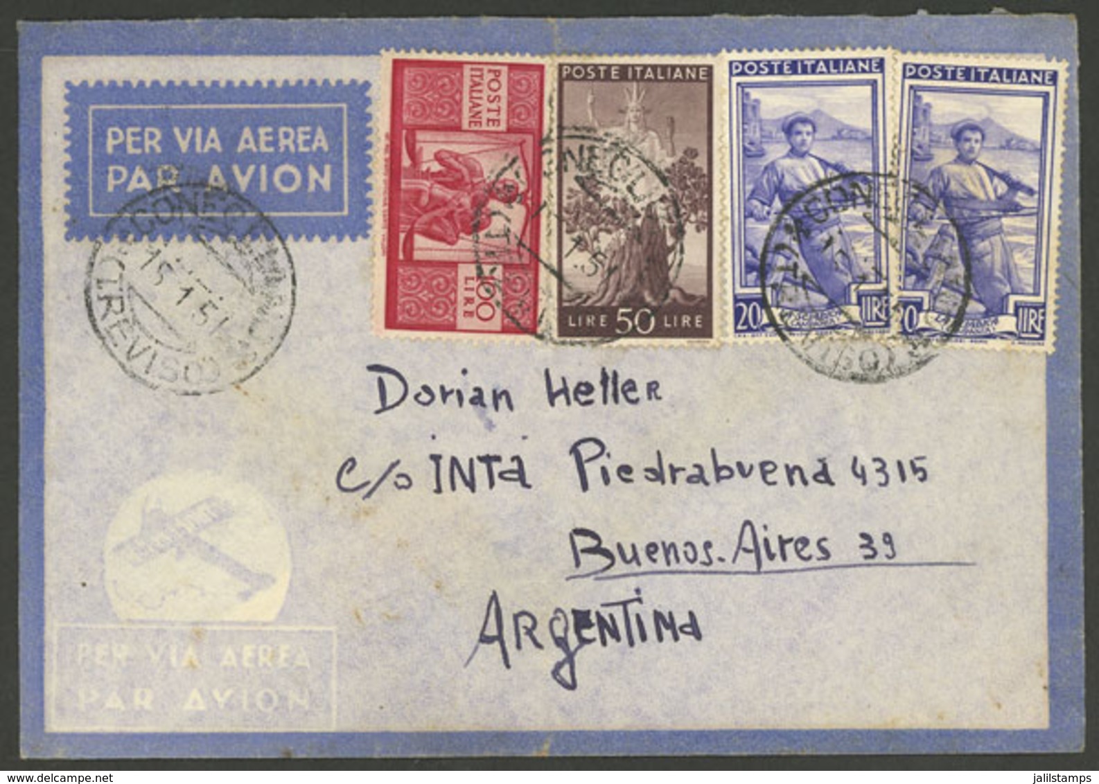 ITALY: 15/JA/1951 Conegiuno - Argentina, Airmail Cover With Mixed Postage Democratica + Lavoro (total 190L.), Very Nice! - Non Classés