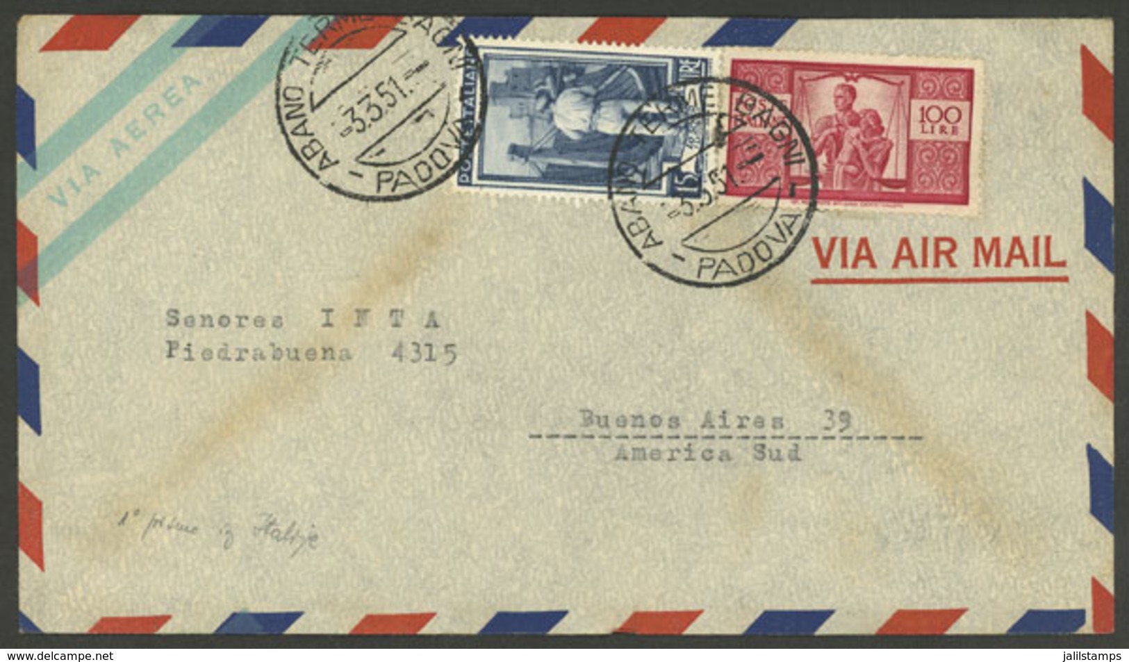 ITALY: 3/MAR/1951 Abano Terme Bagni - Argentina, Airmail Cover With Mixed Postage Democratica + Lavoro (total 115L.), An - Ohne Zuordnung