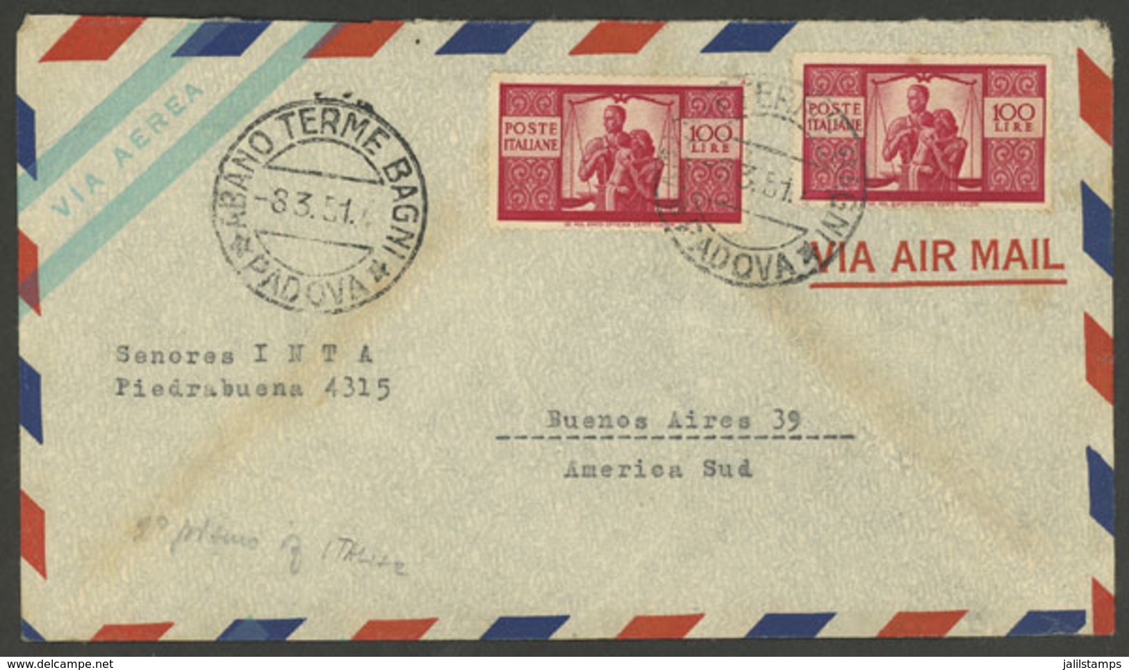 ITALY: 8/MAR/1951 Abano Terme Bagni - Argentina, Airmail Cover Franked With 2x 100L. Democratica (total 200L.), With Arr - Zonder Classificatie