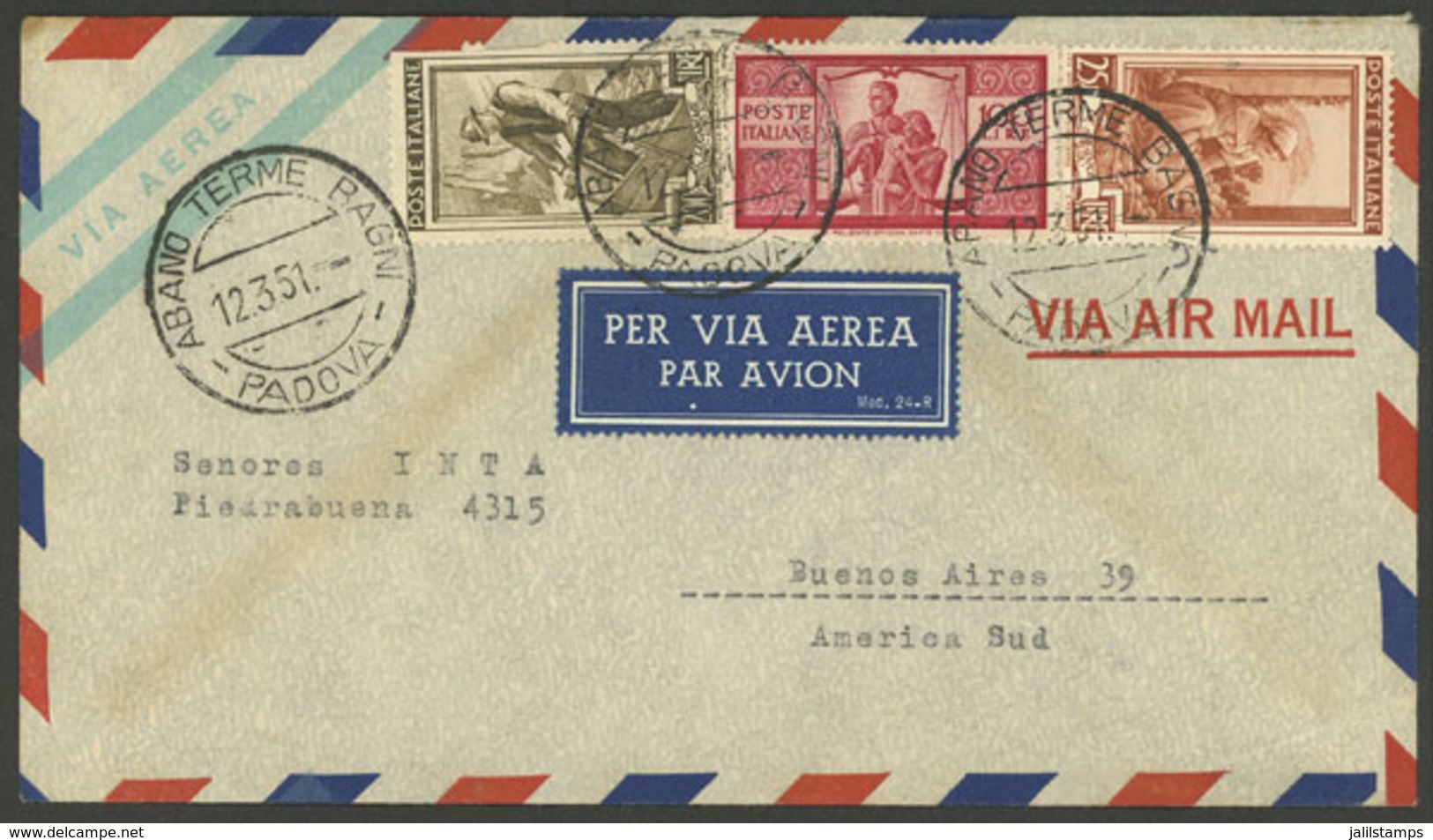 ITALY: 12/MAR/1951 Abano Terme Bagni - Argentina, Airmail Cover With Mixed Postage Democratica + Lavoro (total 325L.), A - Zonder Classificatie