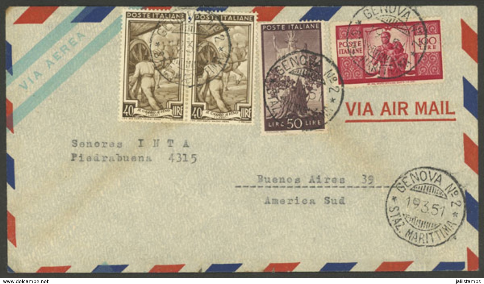 ITALY: 19/MAR/1951 Genova - Argentina, Airmail Cover With Mixed Postage Democratica + Lavoro (total 230L.), And Arrival  - Unclassified