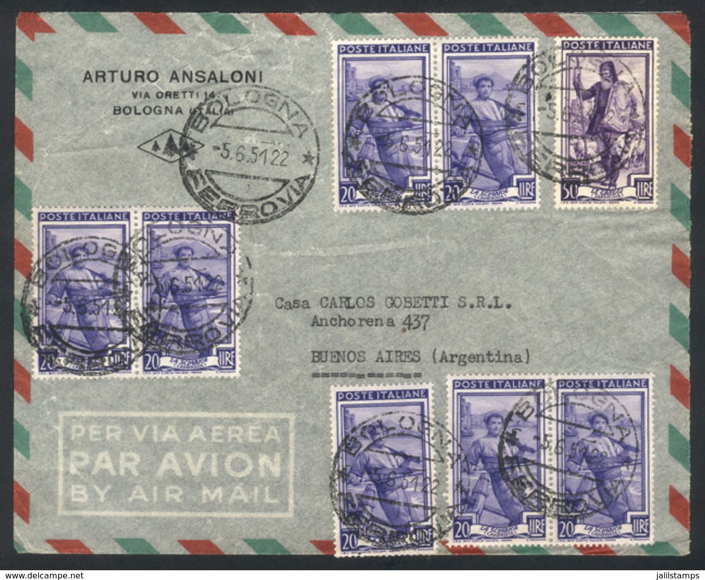 ITALY: 5/JUN/1951 BOLOGNA - Argentina: Airmail Cover Franked With 190L. Consisting Of Stamps Of The Lavoro Issue, VF Qua - Zonder Classificatie