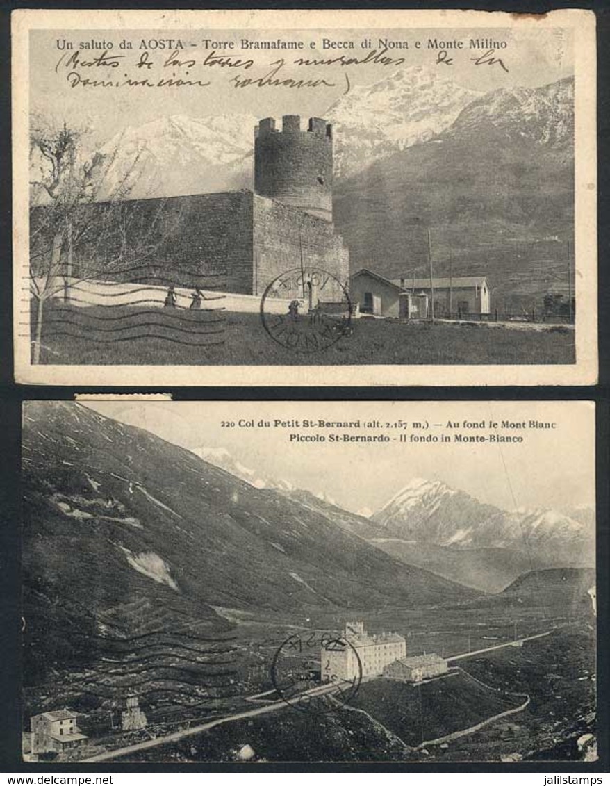 ITALY: 2 Old Postcards Sent To Argentina: Piccolo St. Bernardo, And Torre Bramafame E Becca Di Nona E Monte Milino (Aost - Other & Unclassified