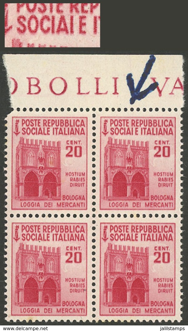 ITALY - REPUBBLICA SOCIALE ITALIANA: Yvert 33, 1944/5 20c., Block Of 4, One With SOCIAIE Variety, MNH, Excellent Quality - Mint/hinged