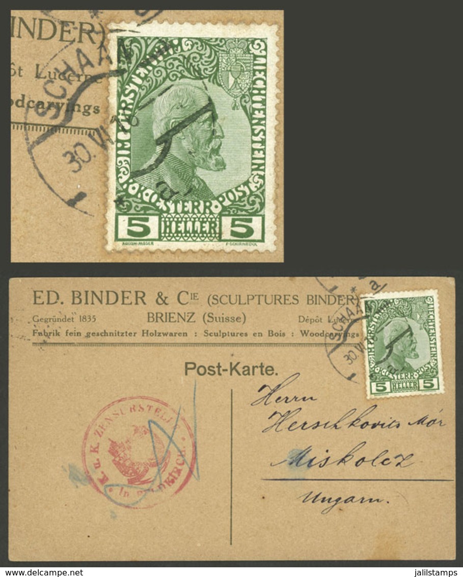 LIECHTENSTEIN: 30/JUN/1916 Schaan - Hungary, Card Franked With 5h. (Sc.1), Very Nice! - Autres & Non Classés