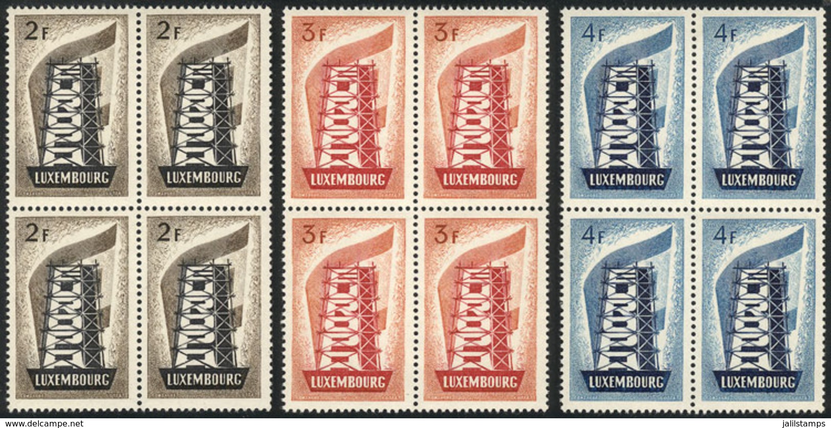 LUXEMBOURG: Yvert 514/516, 1956 Topic Europa, Cmpl. Set Of 3 Values In Blocks Of 4, VF Quality, With Tiny And Barely Vis - Autres & Non Classés