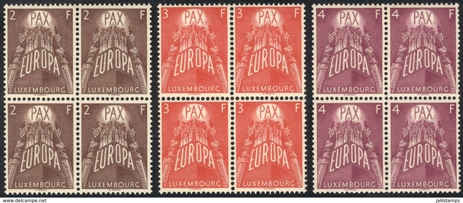 LUXEMBOURG: Yvert 531/533, 1957 Topic Europa, Cmpl. Set Of 3 Values In Blocks Of 4, VF Quality, With Tiny And Barely Vis - Andere & Zonder Classificatie