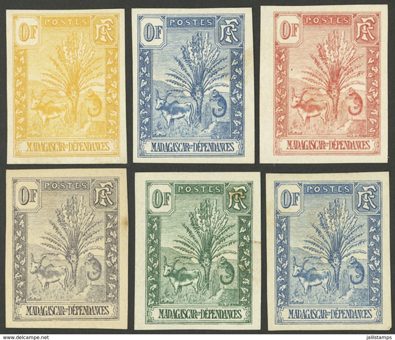 MADAGASCAR: Sc.63/77, 1903 Zebu, Lemur And Tree, 6 TRIAL COLOR PROOFS Of 0F Value, Very Nice, Fine Quality!" - Autres & Non Classés