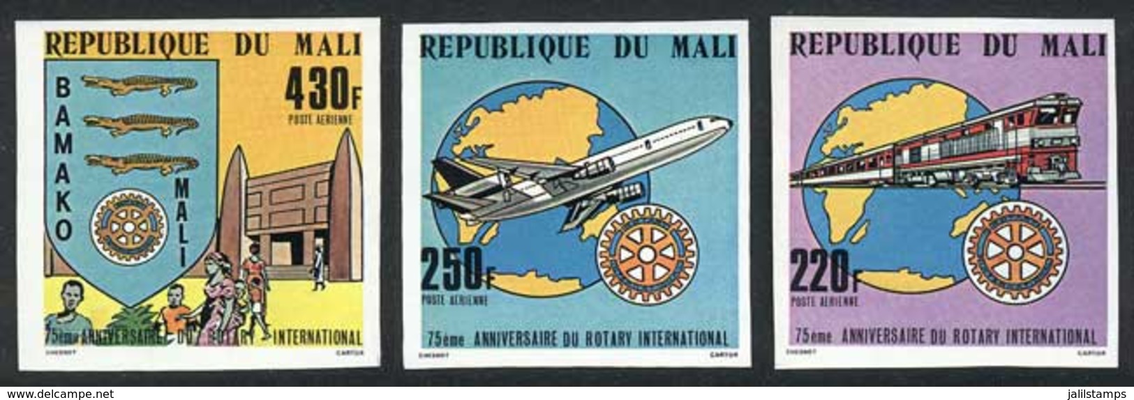 MALI: Sc.C376/8, 1980 Rotary (airplanes, Maps, Trains, Crocodilles), Compl. Set Of 3 Values With IMPERFORATE Variety, VF - Mali (1959-...)