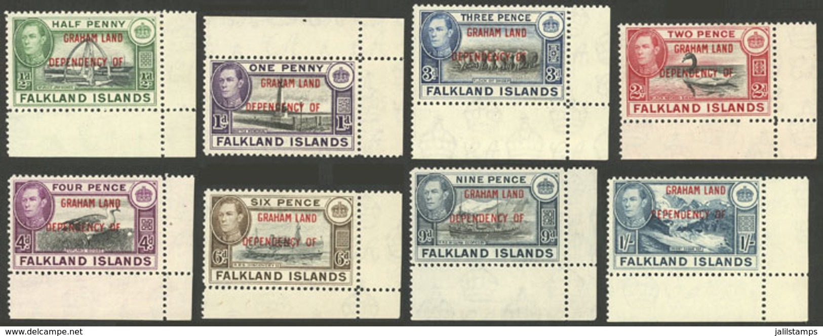 FALKLAND ISLANDS/MALVINAS: Yvert 9/16, 1944 Cmpl. Set Of 8 Overprinted Values, Sheet Corner, MNH (with Hinge Mark In The - Falkland