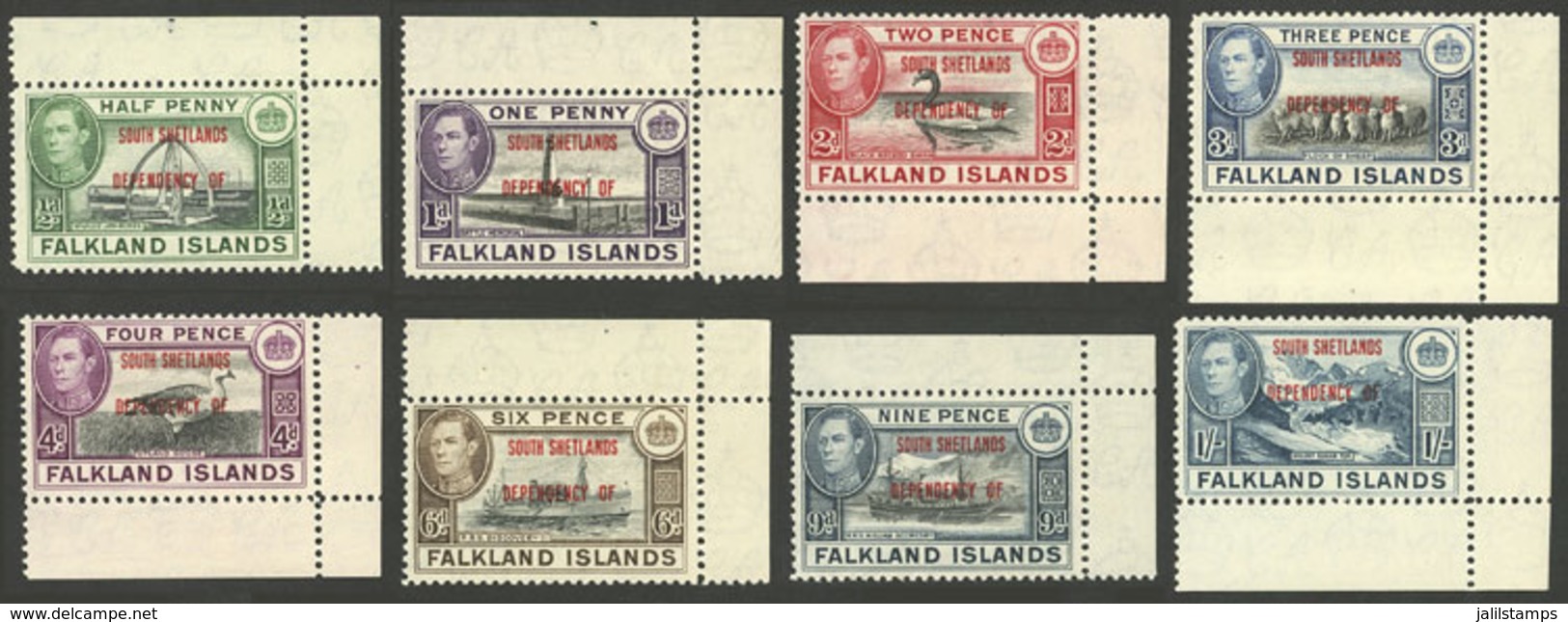 FALKLAND ISLANDS/MALVINAS: Yvert 25/32, 1944 Cmpl. Set Of 8 Overprinted Values, Sheet Corner, MNH, Excellent! - Falkland