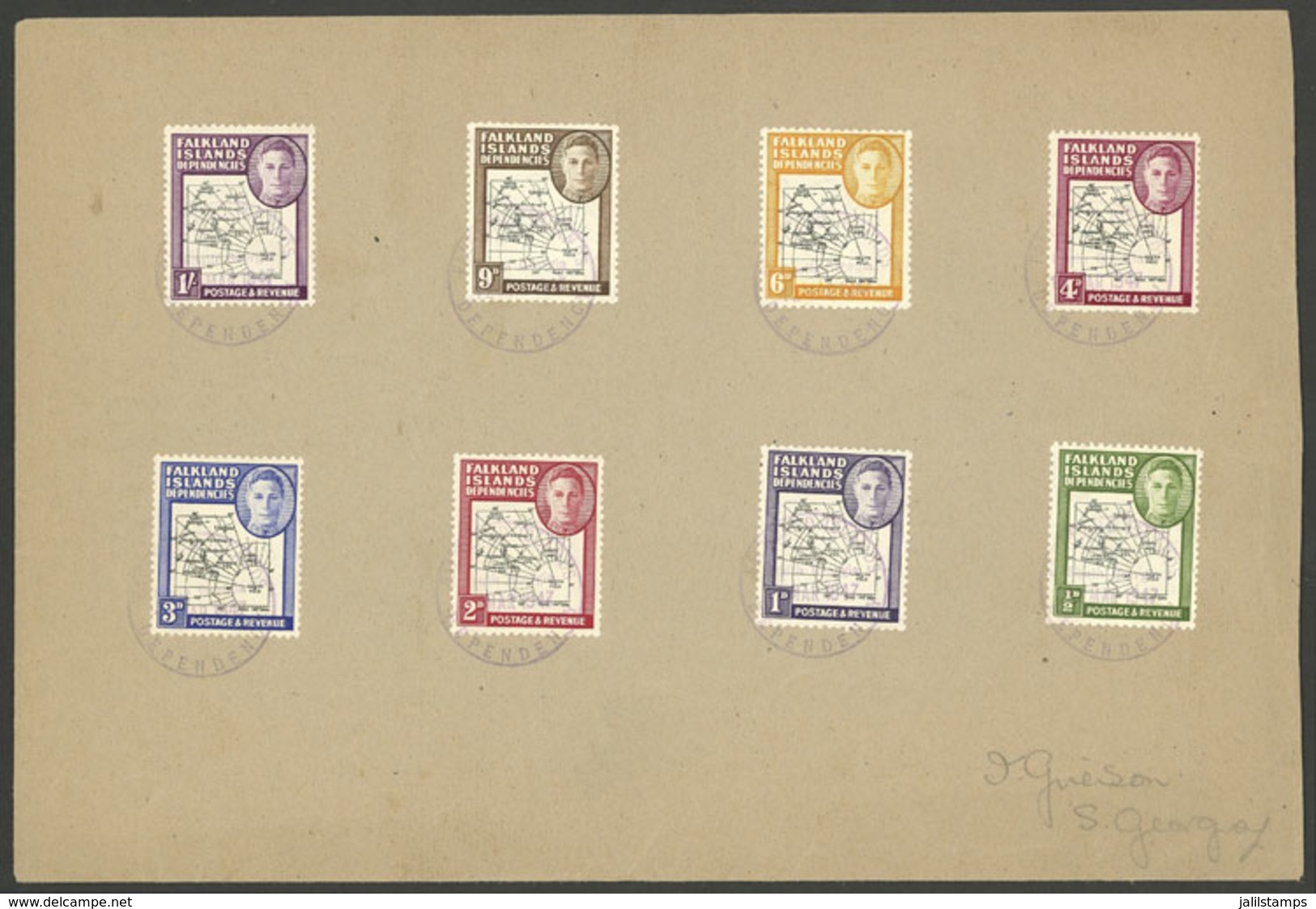 FALKLAND ISLANDS/MALVINAS: Sc.1L1/1L8, 1946 Map Of The Islands, Cmpl. Set Of 8 Values On A Cover With Violet Cancels Of  - Falkland