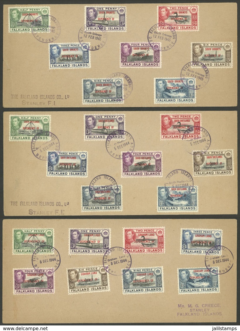 FALKLAND ISLANDS/MALVINAS: 3 Covers Of The Years 1944 And 1945 With 3 Complete Sets Of The Dependencies: Graham Land, So - Falkland