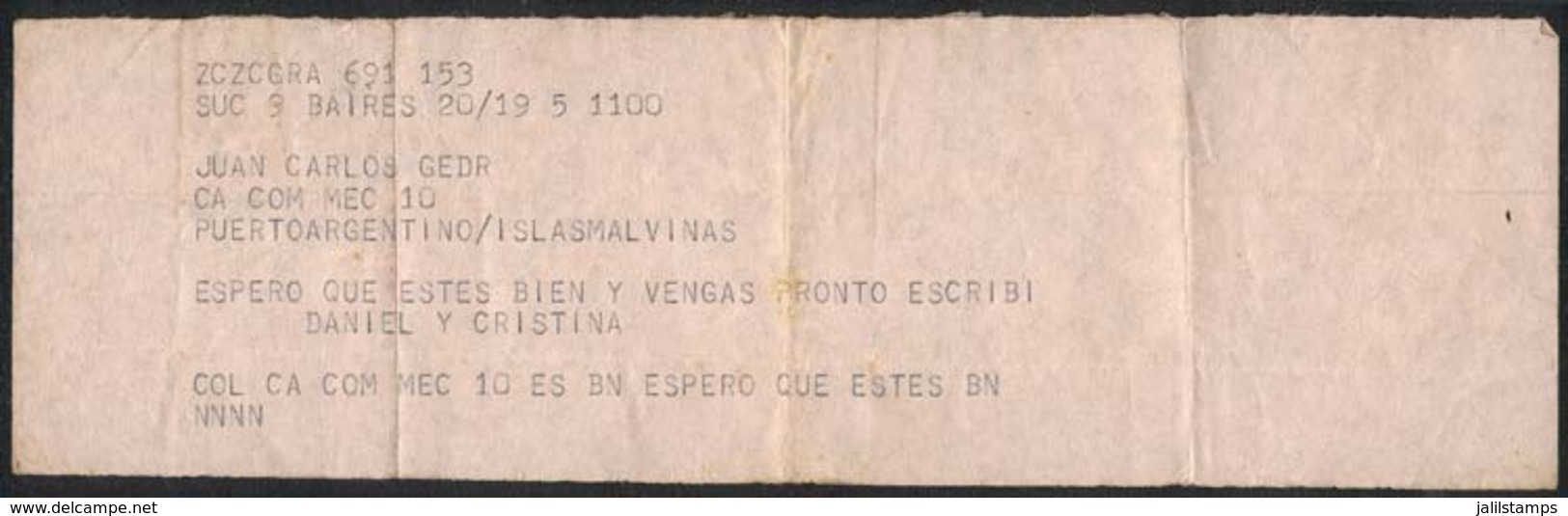 FALKLAND ISLANDS/MALVINAS: Telegram Sent From Buenos Aires To A Soldier In Puerto Argentino On 19/MAY/1982, It Reads: I  - Falklandeilanden