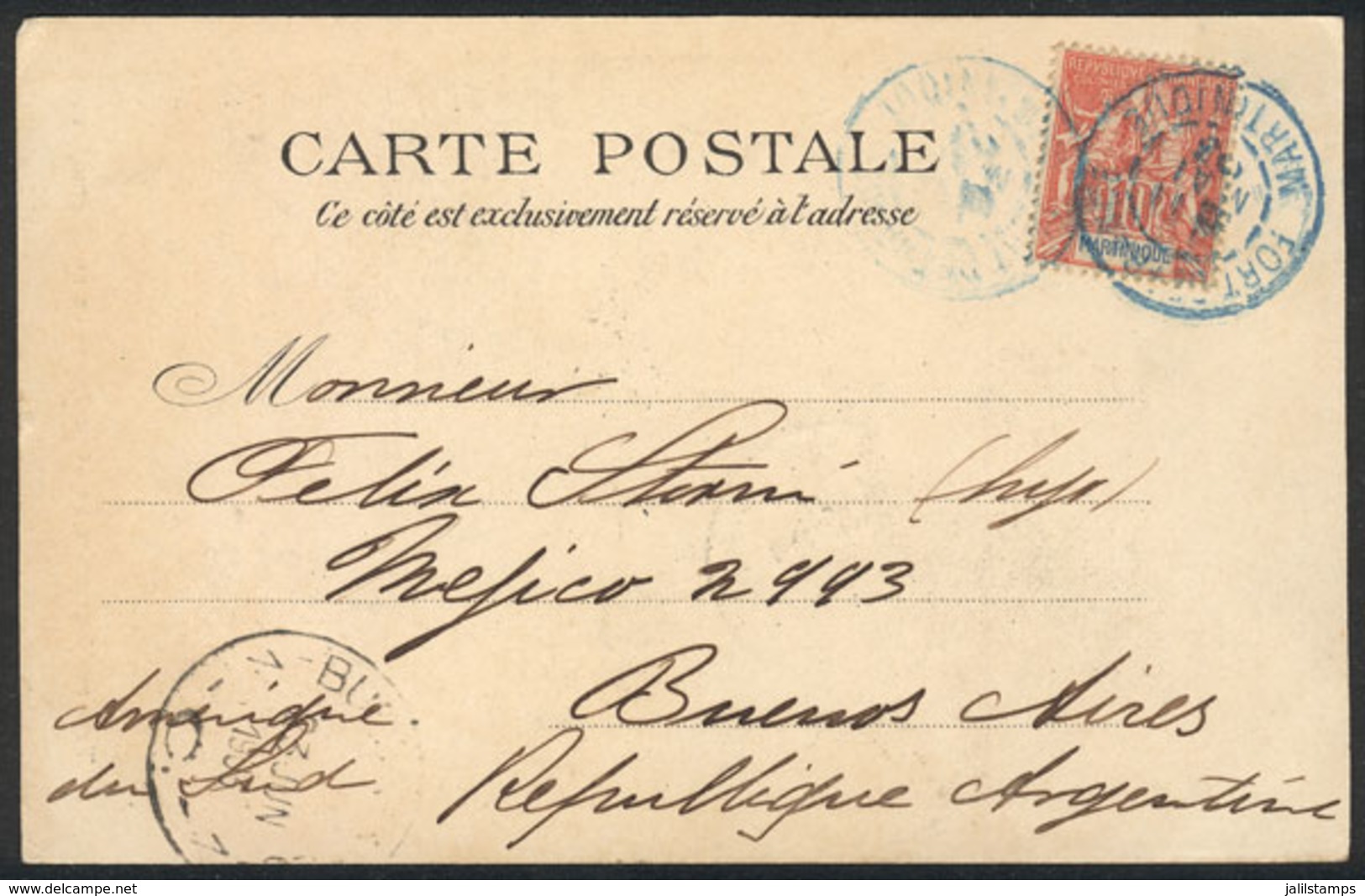 MARTINIQUE: PC (view Of A Mulatto Woman From Saint-Pierre), Franked By Sc.39, Sent From Fort De France To Argentina On 9 - Autres & Non Classés