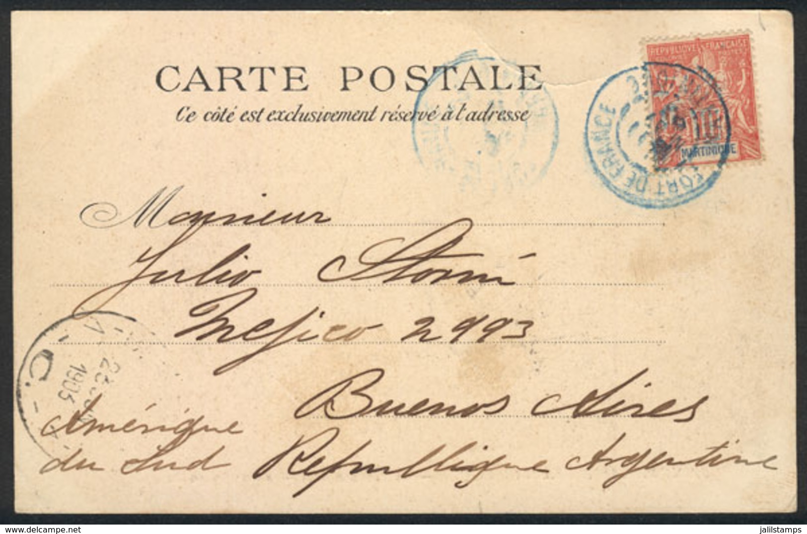 MARTINIQUE: PC (view Of La Place Bertin, Fontaine Agnes, Saint-Pierre), Franked By Sc.39, Sent From Fort De France To Ar - Sonstige & Ohne Zuordnung