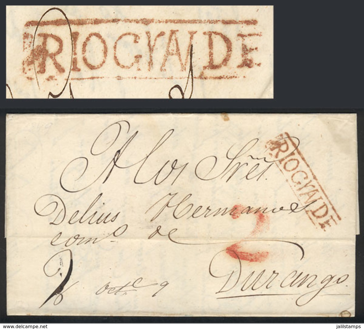 MEXICO: Entire Letter Sent To Durango On 9/OC/1849, With Framed Straightline Mark Of RIO GRANDE And 2 Rating, Both In Re - Mexico