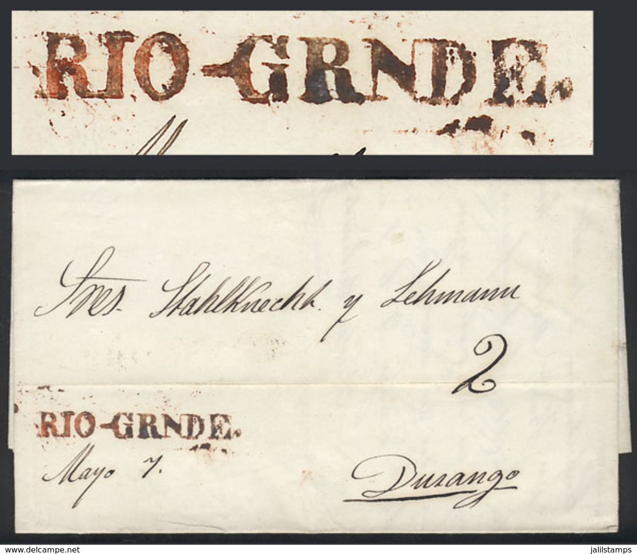 MEXICO: Entire Letter Sent To Durango On 7/MAY/1853, With Straightline RIO-GRNDE In Rust-red, And 2 Rating In Pen, Excel - Mexique