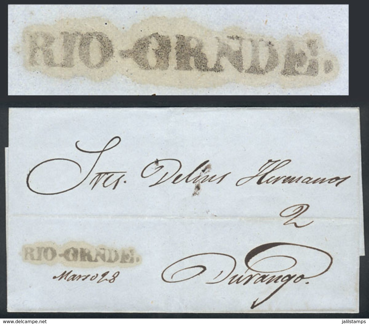 MEXICO: Folded Cover Dated 28/MAR/1856 And Sent To Durange With Black Straightline RIO-GRNDE Mark Very Well Applied + 2  - Mexico