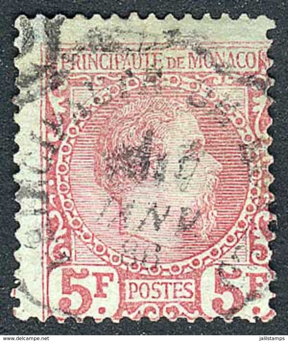 MONACO: Sc.10, 1885 5Fr. Rose On Green, Used, With A Light Thin On Reverse, Very Good Front, Rare, Catalog Value US$2,00 - Andere & Zonder Classificatie