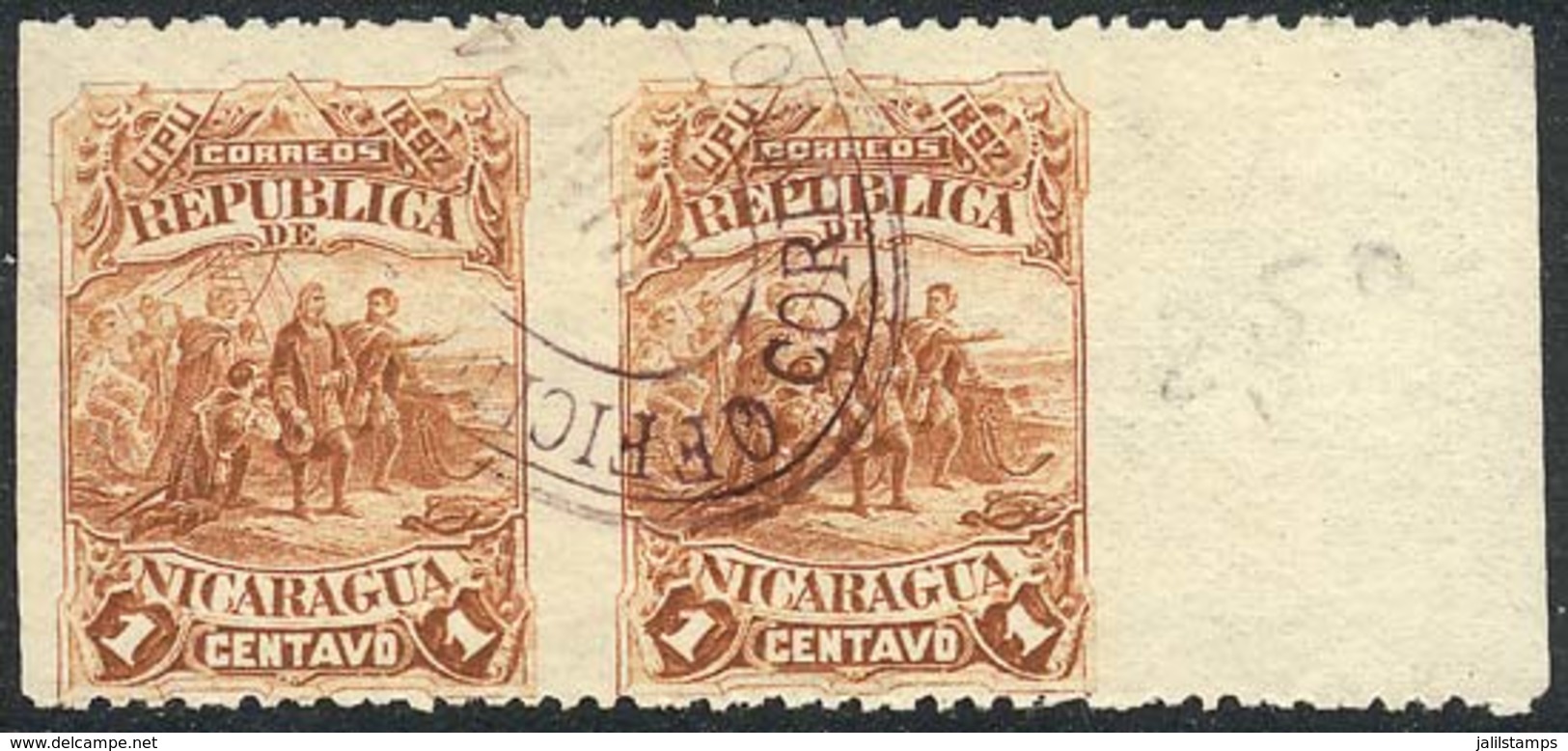 NICARAGUA: Sc.40, 1892 1c. Colombus, Pair IMPERFORATE VERTICALLY, Excellent And Rare! - Nicaragua