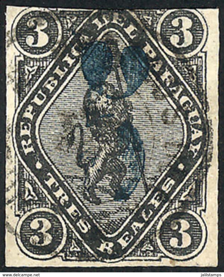 PARAGUAY: Sc.6, 1878 5c. On 3R. Black, Blue Overprint, Minor Defect, Very Good Appeal, Very Rare! - Paraguay