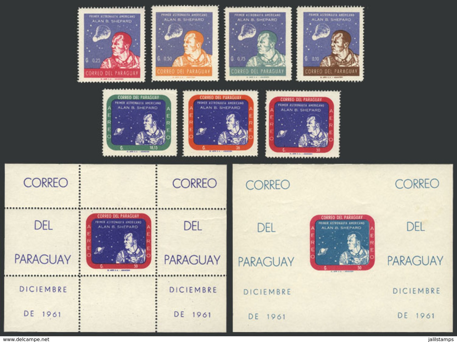 PARAGUAY: Sc.610/616 + 616a + 616a Imperforate, 1961 Astronaut Alan Shepard, Cmpl. Set Of 7 Values + Souvenir Sheet + Im - Paraguay